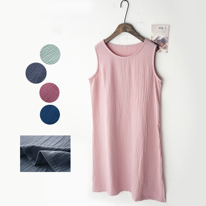 简约水洗纯棉纱布睡裙女式夏季薄款绉布宽松无袖背心裙家居服睡衣