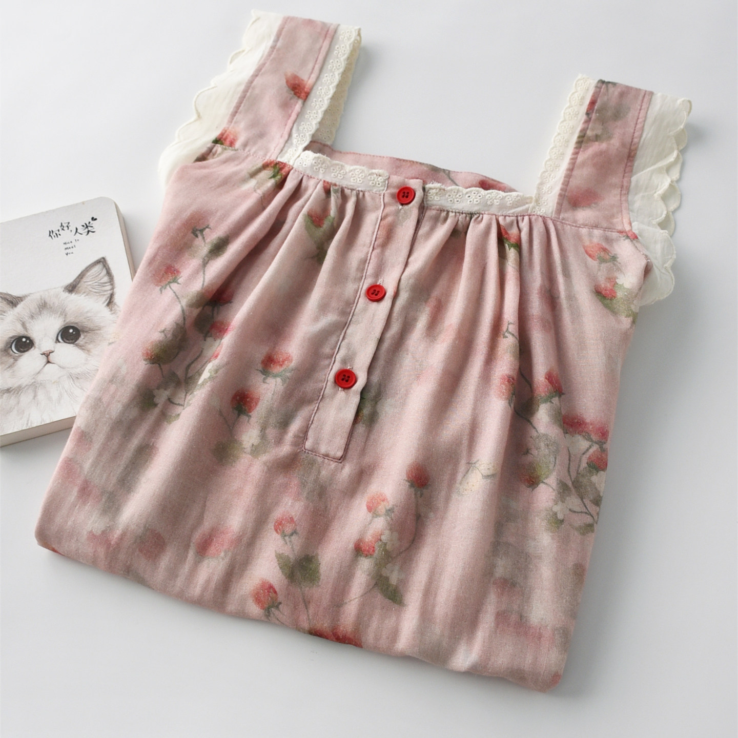 甜美蕾丝花边方领草莓印花吊带睡裙女夏季纯棉双层纱布家居服睡衣