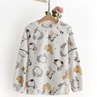 猫咪套头睡衣上装 加厚保暖加绒法兰绒家居服上衣可外穿 女士秋冬季