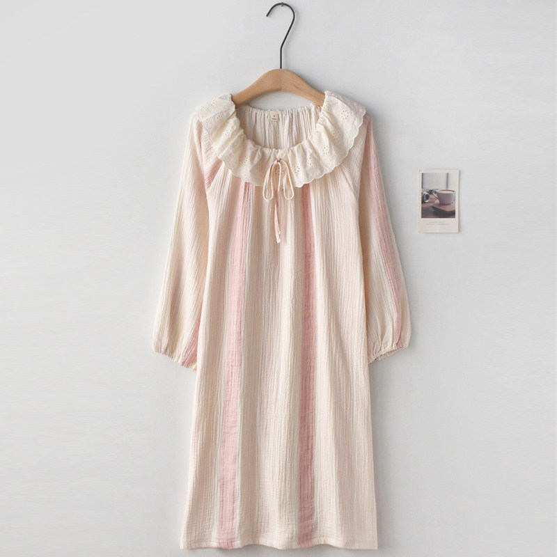 娃娃领花边梦幻条纹睡裙女春夏季纯棉纱布薄款甜美可爱家居服裙子,女士内衣/男士内衣/家居服,睡裙,淘宝优惠券,粉丝福利购,淘宝优惠卷