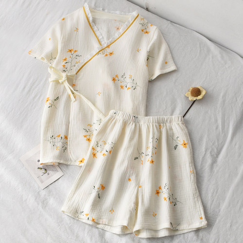女纯棉纱布日式和服短袖短裤睡衣