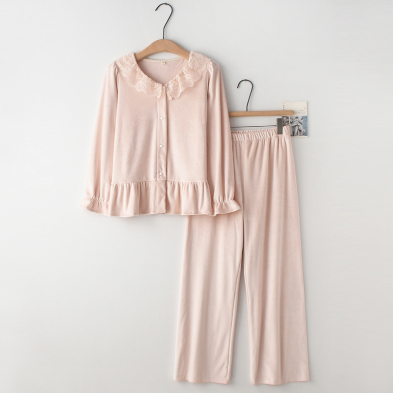 女士海岛绒蕾丝V领秋冬季家居服