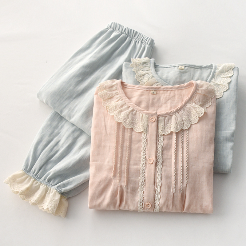 女士纯棉纱布蕾丝花边公主风睡衣