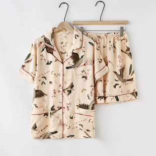 飞鸟纹棉绸睡衣女士夏季 家居服套装 薄款 短裤 宽松人造棉短袖 法式