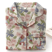 纯棉纱布薄款 家居服套装 长袖 大码 开衫 虞美人印花睡衣女士春秋夏季