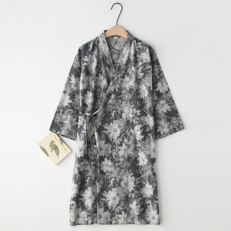 提花和服睡袍女春夏季纯棉纱布双层薄款复古风汗蒸浴袍家居服浴衣