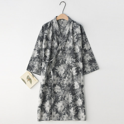 纯棉纱布春夏提花和服汗蒸睡袍