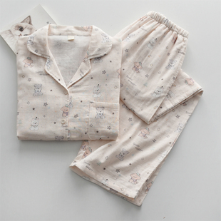 家居服套装 星愿卡通小狗印花睡衣女款 长袖 纯棉纱布双层薄款 春夏季