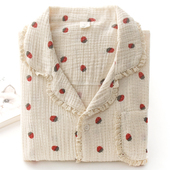 家居服套装 宽松长袖 纯棉纱布薄款 花边甜美小草莓睡衣女士春秋夏季