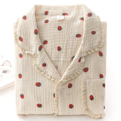 女纯棉纱布花边春秋夏季长袖睡衣