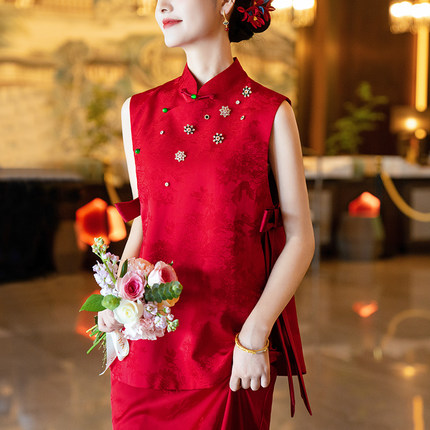 苏爱胭脂扣新中式红色套装无袖旗袍敬酒服新娘结婚订婚国风礼服女