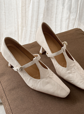 简约气质 Literary头层羊皮真皮方头玛丽珍女中跟粗跟单鞋丁字扣