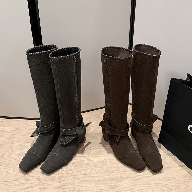 头层全皮 Vintage方头粗跟中跟长筒靴女靴子内增高牛皮磨砂高筒靴