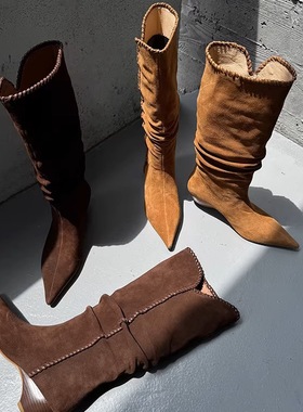 全皮全皮 Elegan真皮牛皮高筒靴子马丁靴机车靴尖头女靴长靴磨砂