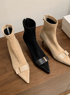 小众时髦 Elegan弹力绒面短靴子瘦瘦靴低筒靴尖头女靴子细跟高跟