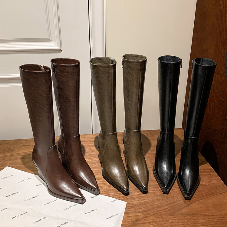 高街时髦 Elegan真皮牛皮长筒靴子长靴子流苏靴高筒靴方头粗跟女