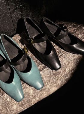 时髦尖货 Literary真皮头层牛皮方头浅口粗跟单鞋女鞋子春季新款