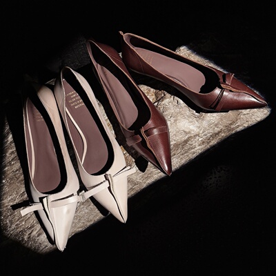 轻奢气质 Elegant真皮牛皮风尖头浅口单鞋女蝴蝶结猫跟通勤女鞋