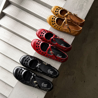 巨巨舒适 Literary真皮牛皮镂空玛丽珍鞋女圆头一字扣软底单鞋女