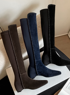 复古高街 Elegan秋冬真皮磨砂牛皮长筒靴子长靴女靴子高筒靴及膝