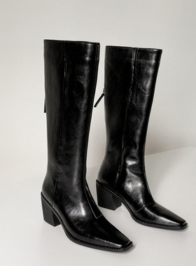 暗黑轻熟 Simcoe真皮全皮牛皮方头骑士靴女高跟长筒靴直筒高筒靴