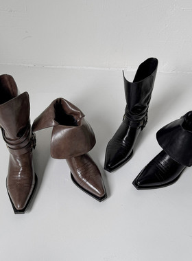 时髦高街 Simcoe真皮牛皮短筒靴子短靴女靴子西部靴皮带扣尖头