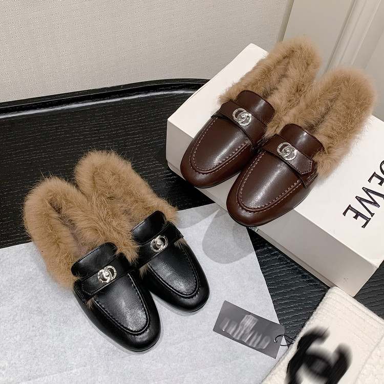 时髦户外 Vintage加绒兔毛乐福鞋女平底一脚蹬懒人鞋保暖深口单鞋