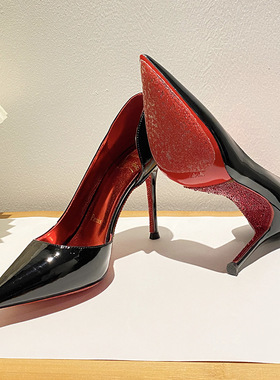 黑色高跟鞋女细跟2025年新款红底鞋尖头水钻浅口漆皮职业侧空单鞋