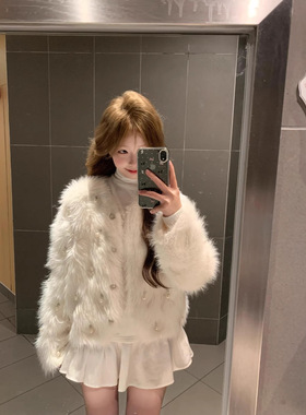 奶fufu白色小香风仿水貂绒毛衣开衫时尚外套女秋冬季加厚毛毛皮草