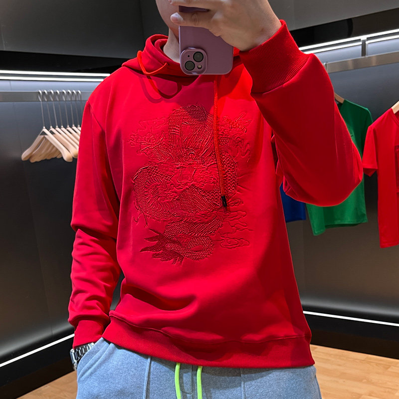红色国潮连帽卫衣男龙纹刺绣中国风加绒带帽上衣本命年过年痞帅冬