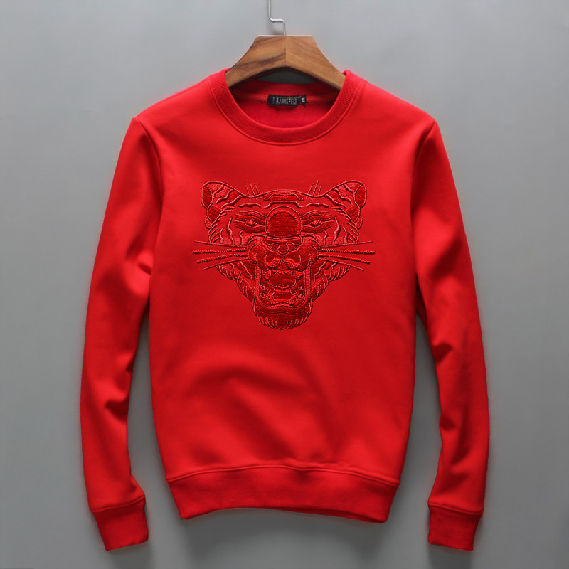 冬季加绒男士珠片刺绣卫衣圆领本命年虎头无帽套头衫虎年潮流外套