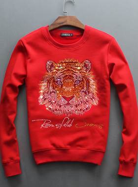 冬季男卫衣老虎头烫钻网红套头衫长袖加绒本命年潮流炸街外套红色