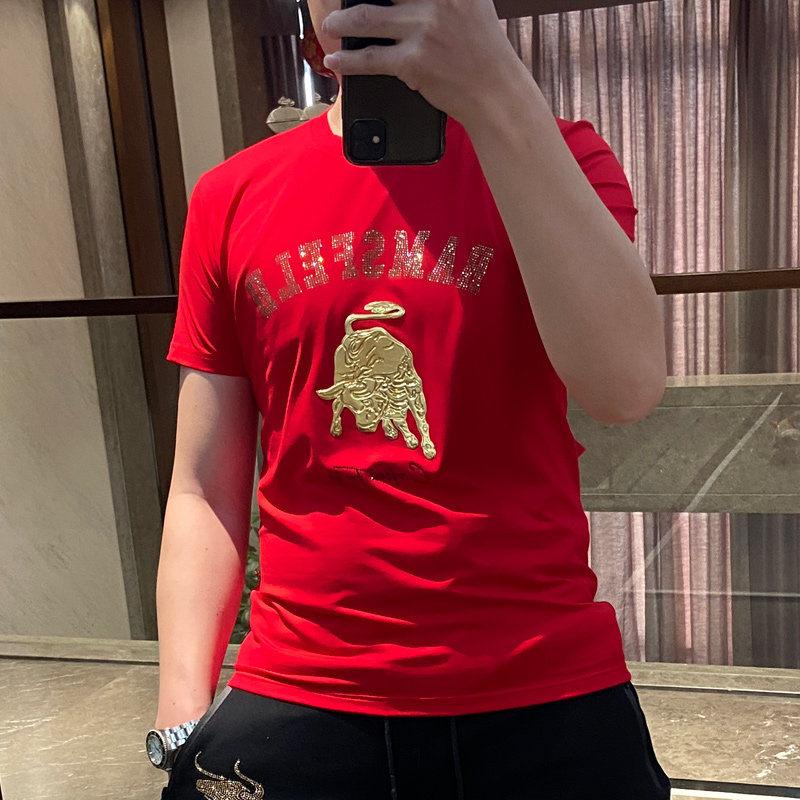本命年中国风烫钻红色打底短袖衫