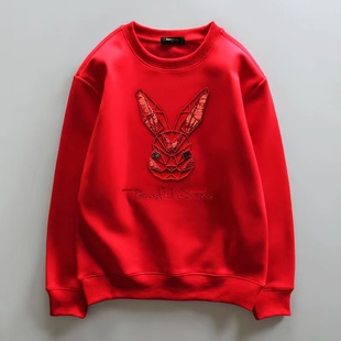 国潮情侣时尚高级感刺绣卫衣男潮牌红色过年兔子加绒无帽套头上衣