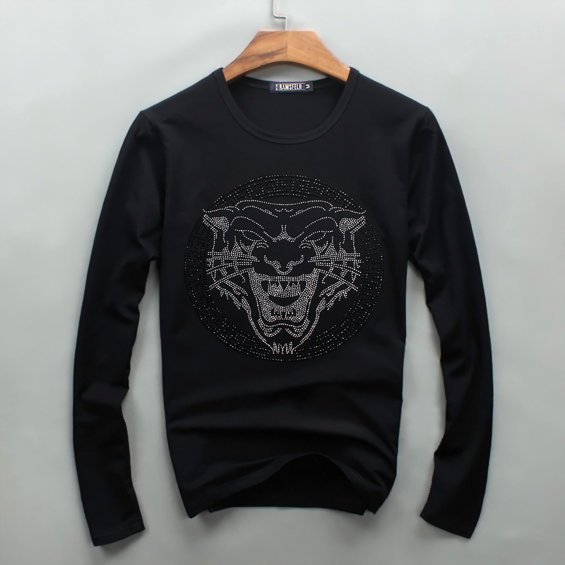 秋季男士长袖老虎头烫钻T恤个性圆领修身打底衫青年上衣薄款潮男t