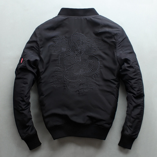 冬季飞行员夹克男短款潮牌棒球服加厚外套保暖痞帅中国风龙纹刺绣