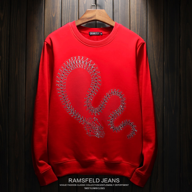 秋冬加绒男士烫钻贪食蛇卫衣圆领红色情侣龙纹套头衫带钻保暖刺绣