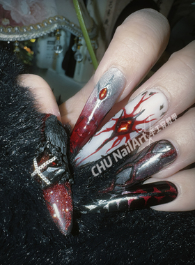 CHU NailArt乙游恋与深空秦彻红黑立体雕花纯手工穿戴甲美甲定制