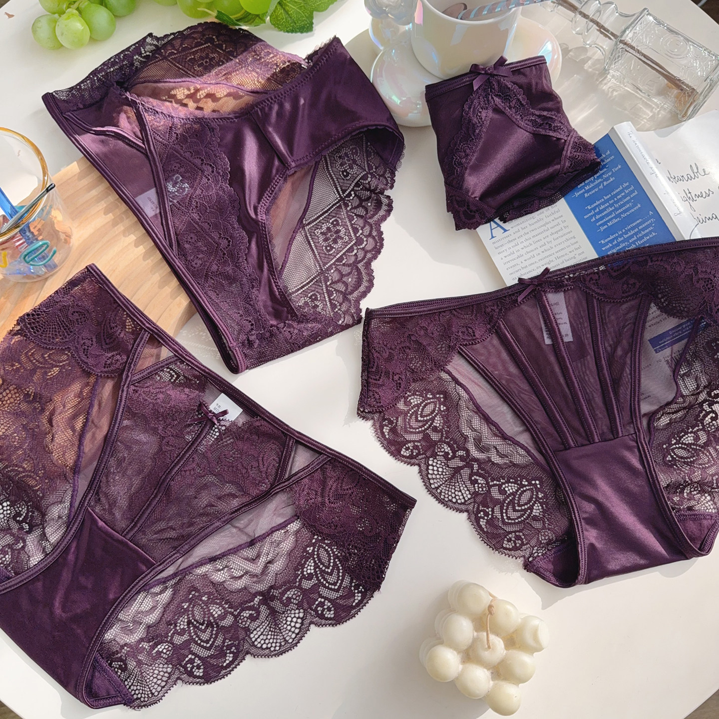 紫气东来~深紫色缎面蕾丝网纱性感纯欲透明三角内裤女欧美中低腰