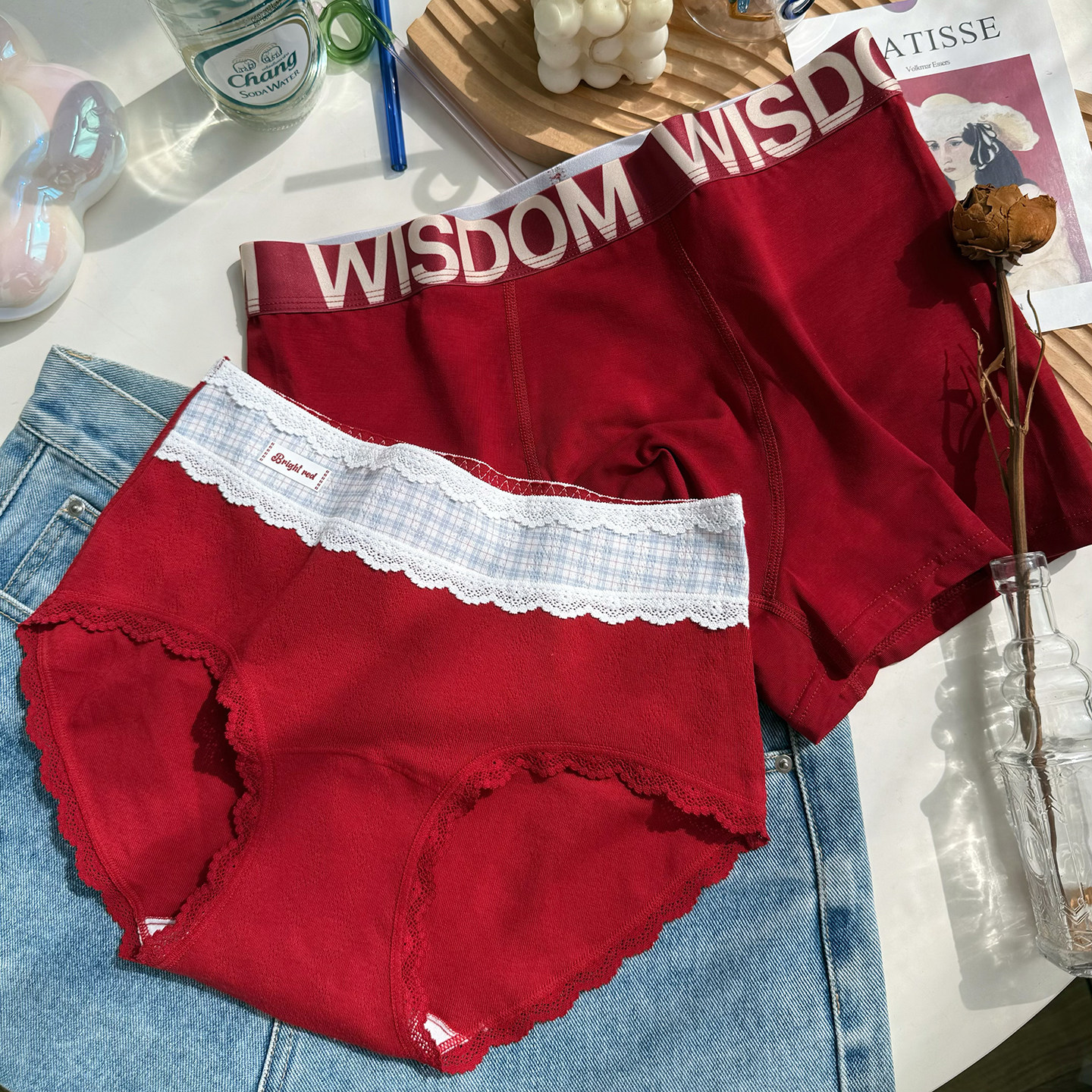 韩系撞色格子纯棉舒适中高腰正红红色抗菌本命年情侣内裤一男一女,女士内衣/男士内衣/家居服,男平角内裤,淘宝优惠券,粉丝福利购,淘宝优惠卷