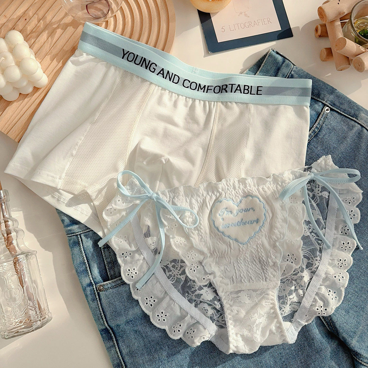 初雪纯爱~日系蕾丝透明网纱系带性感中腰莫代尔情侣内裤一男一女