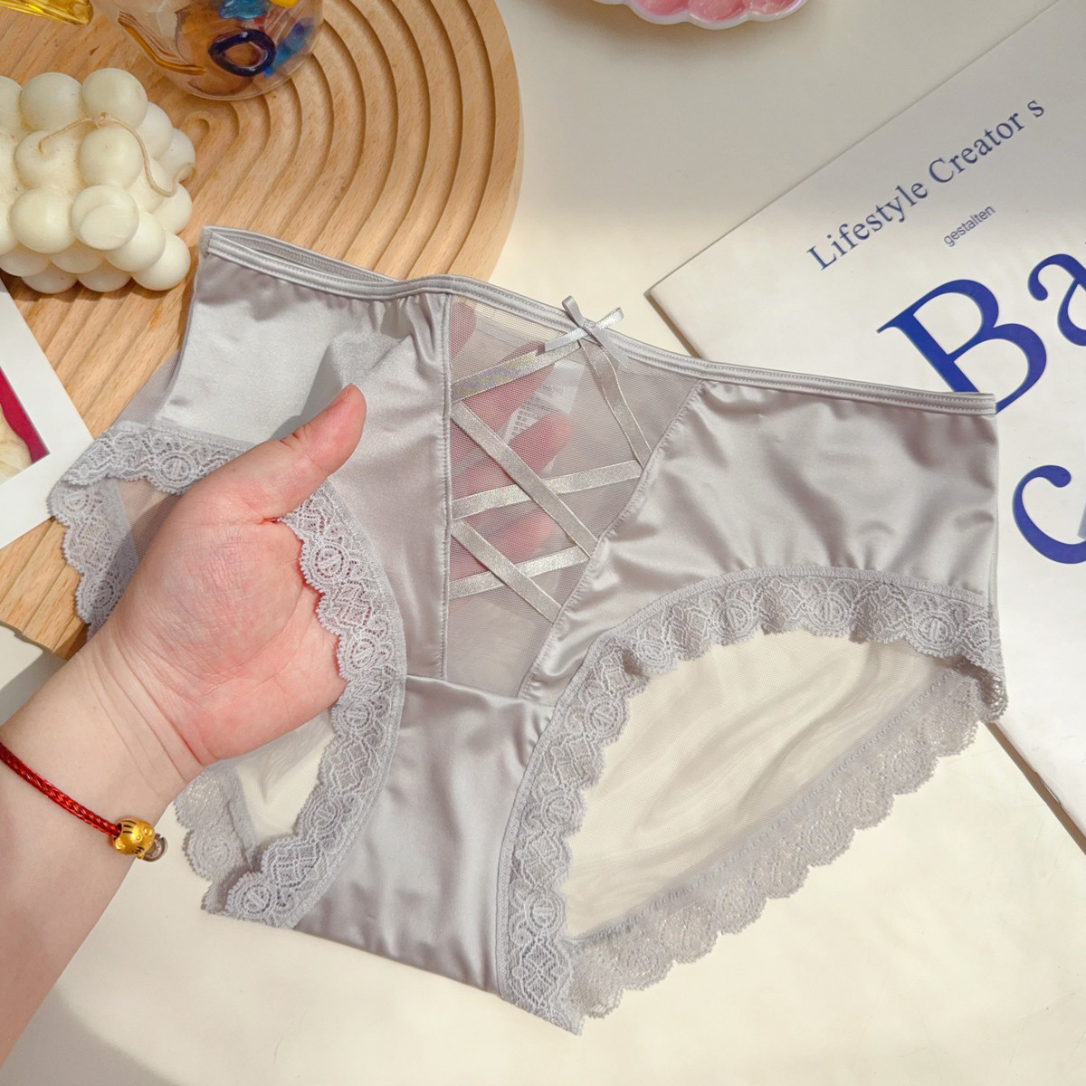 法式轻奢缎面绑带透明蕾丝内裤女