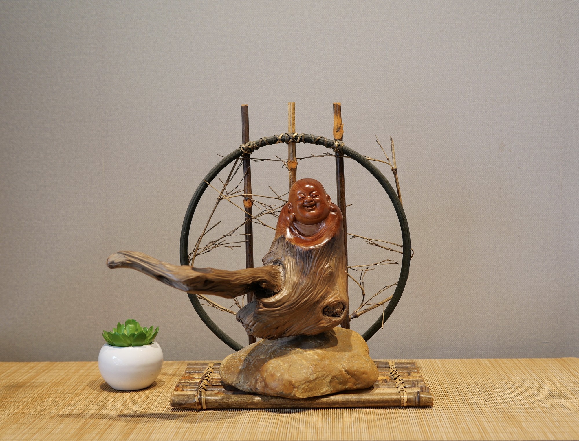 太行崖柏陈化原皮开心弥勒佛客厅玄关家居风水礼禅意摆件木雕根雕