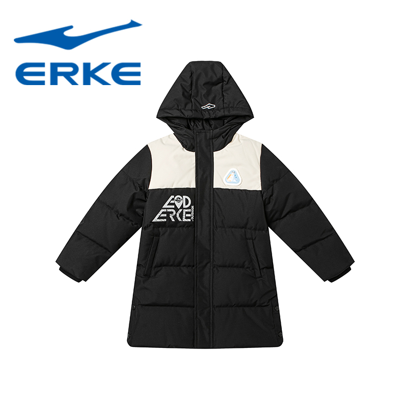 鸿星尔克25冬季男小童中长款保暖羽绒服连帽休闲外套77224401117
