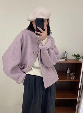 handmade紫色双面羊绒大衣女2024年新款短款圆领单排扣宽松外套潮