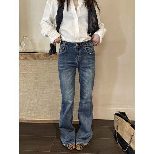 ICCIICC 十三行显瘦微弹喇叭裤洗水磨白微喇牛仔裤女秋新款11064