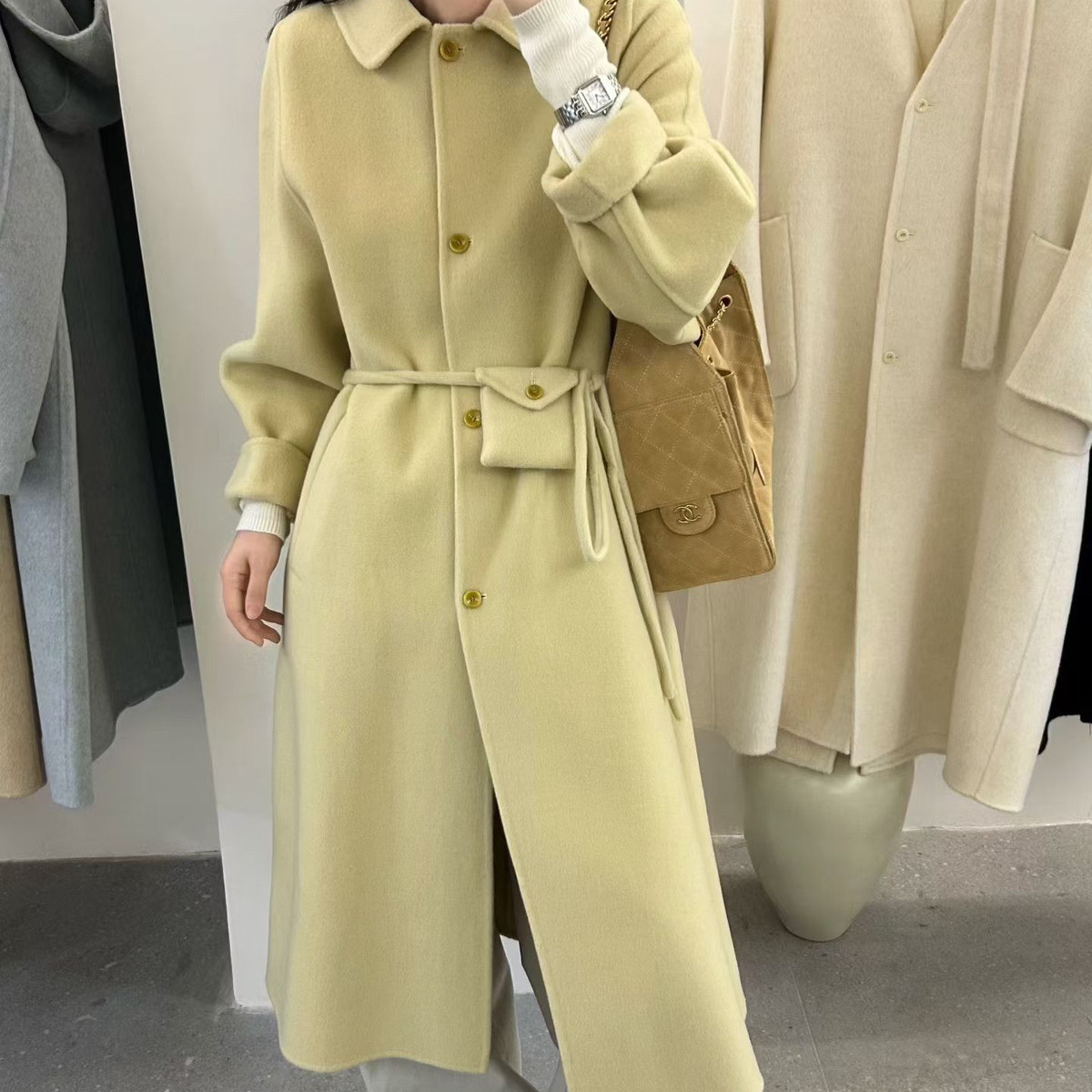 温柔贵气山羊绒澳毛翻领气质腰带腰包通勤简约韩系长款大衣外套女