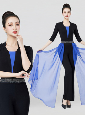 高端莫代尔立领拼蓝色开叉腰纱形体服走秀模特培训礼仪导师服练功