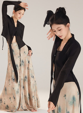 国风古典舞蹈服女天丝亚麻V领交叉绑带飘逸长袖黑色上衣宽松裙裤