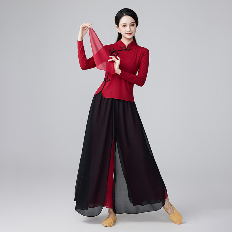 红黑古典舞服装套装琵琶中长袖跳舞服装雪纺舞蹈服广场舞响扇舞蹈